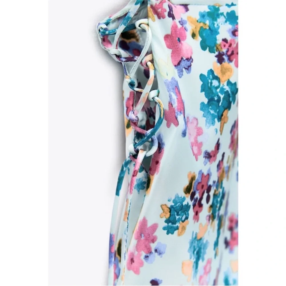 Zara Floral Printed Midi/Maxi Slip Side Tie Tank Dress Light Blue Pink Size S - Picture 5 of 12